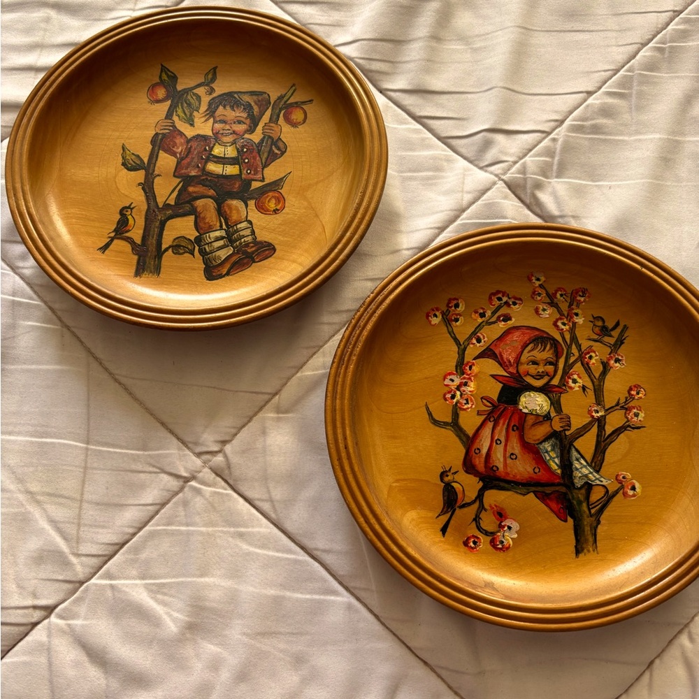 Vintage Hummel wooden Decorative Plates with boy and girl Illustrations